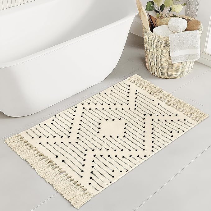 Tritard Boho Bathroom Rug 2x3 - Woven Cotton Area Rugs with Tassels Small Aztec Entryway Rug Washable Farmhouse Bath Door Mat Low Pile Throw Rugs for Entrance, Kitchen, Front Porch, Beige Cream