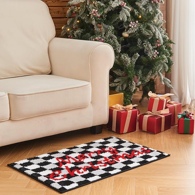 Douceur Christmas Checkered Bathroom Rugs, Cute Black Bath Mat, Christmas Bathroom D cor Non Slip Bath Rugs, Soft and Absorbent Washable Bath Rugs for Bath 32"X20"