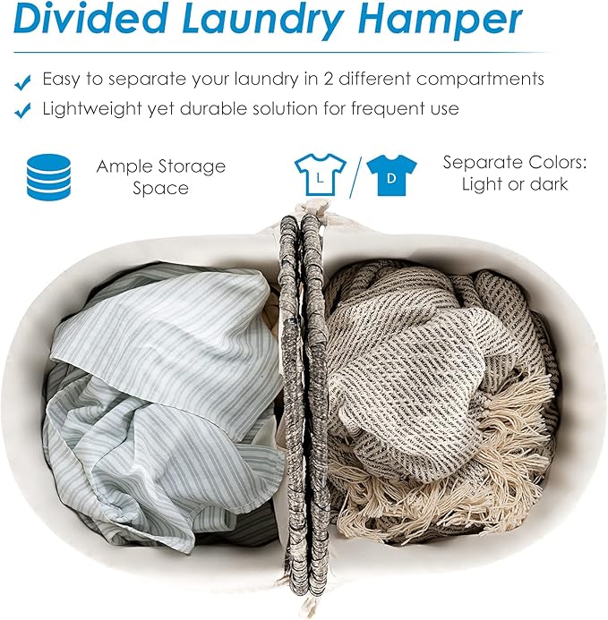 MAT EXPERT Rattan Laundry Hampers, Laundry Baskets with 2 Detachable Canvas Bags, Divided Laundry Hamper with Lids & Handles, Handwoven Oval Landry Bin, Clothes Hamper for Laundry Room/Bedroom (Grey)