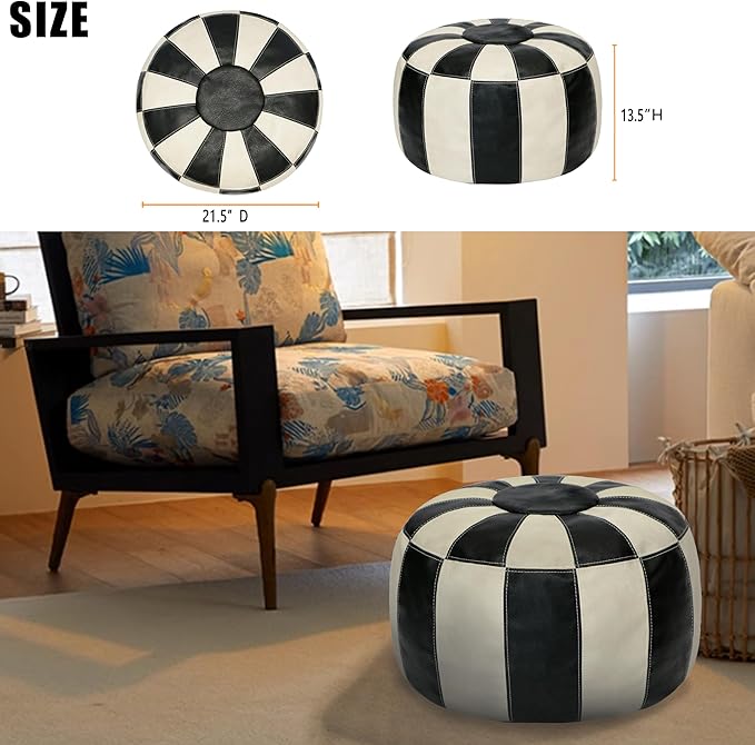 Thgonwid Unstuffed Moroccan Ottoman Pouf Cover, Ottoman Footstool Storage Solution, Bean Bag Chair, Foot Rest, Multi-Black&White