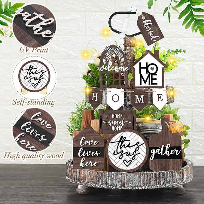 Set of 11 Summer Farmhouse Tiered Tray Decor Rustic Home Tiered Tray Decorations Set Wooden Signs Home This is Us Farmhouse Tabletop Wood Signs for Kitchen Table Shelf Decor