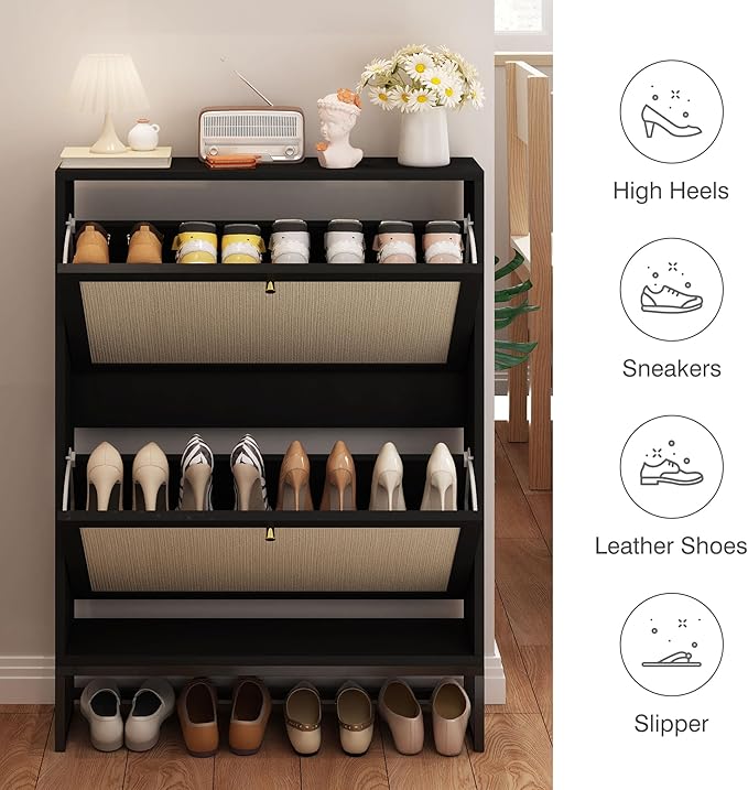 AVZEAR Narrow Shoe Cabinet with 2 Flip Drawer, Freestanding Shoe Organizer Shoe Cabinet Storage for Entryway, Slim Shoe Storage Shoe Rack for Closet with Linen Doors in Hallway, Living Room(Black)