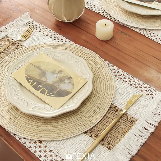 FEXIA Boho Placemats Set of 6, Macrame Table Decor and Farmhouse Style Placemats Natural Cotton Burlap, for Kitchen and Dining Table Centerpiece Home Decorations