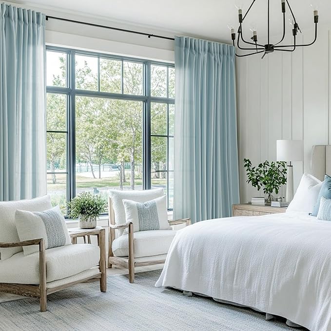 Sky Blue Curtains 108 inch Length for Bedroom Back Tab Light Filtering Semi Sheer Blue Living Room Curtains Linen Cotton Textured Drapery Panel Aesthetic Decor Light Blue 52x108