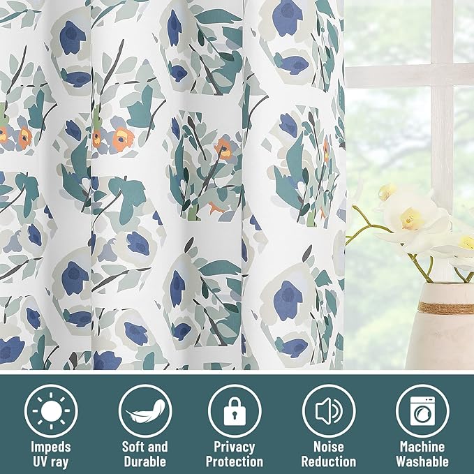 Joydeco Green Floral Curtains 108 Inches Long for Bedroom 2 Panels, Room Darkening Boho Curtains Patterned Panels for Living Room with Grommet, 80% Blackout Botanical Printed Drapes(Hexagon Green-108)
