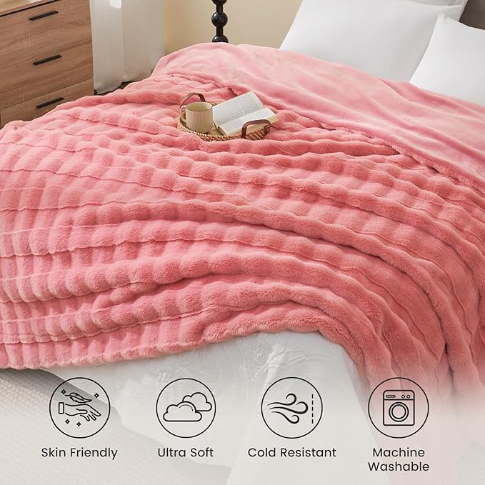 Cozy Bliss Fluffy Pink Queen Size Throw Blankets for Bed,Lightweight Cozy Soft Faux Fur Throw Blankets for Sofa Bedroom Living Room,90x90 Inches