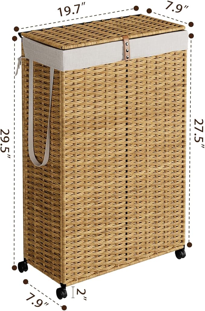 Rolling Laundry Hamper with Wheels and Lid, 90L Slim Laundry Basket with Removable Bag, Foldable Handwoven Rattan Laundry Sorter, Narrow Dirty Clothes Basket Organizer, No Assembly, Natural