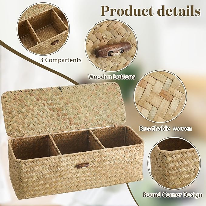 Cunhill 2 Pieces Seagrass Baskets with Lid Toilet Paper Basket with Lid Rectangular Hand Woven Wicker Bin Storage Box for Toilet Dresser Shelves Organizing(12.6 x 4.72 x 4.33 Inches,Natural Color)