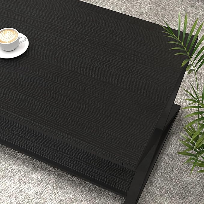 HSH Black Coffee Table with Storage Shelf, Modern Metal Wood Living Room Table, Simple 2 Tier Rectangle Center Table, 39 Inch Office Bedroom Display Cocktail Tea