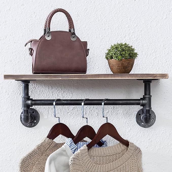 Industrial Pipe Shelving,Iron Pipe Shelves Industrial Bathroom Shelves with Towel bar,24in Rustic Metal Pipe Floating Shelves Pipe Wall Shelf,1 Tier Industrial Shelf Wall Mounted,Retro Brown