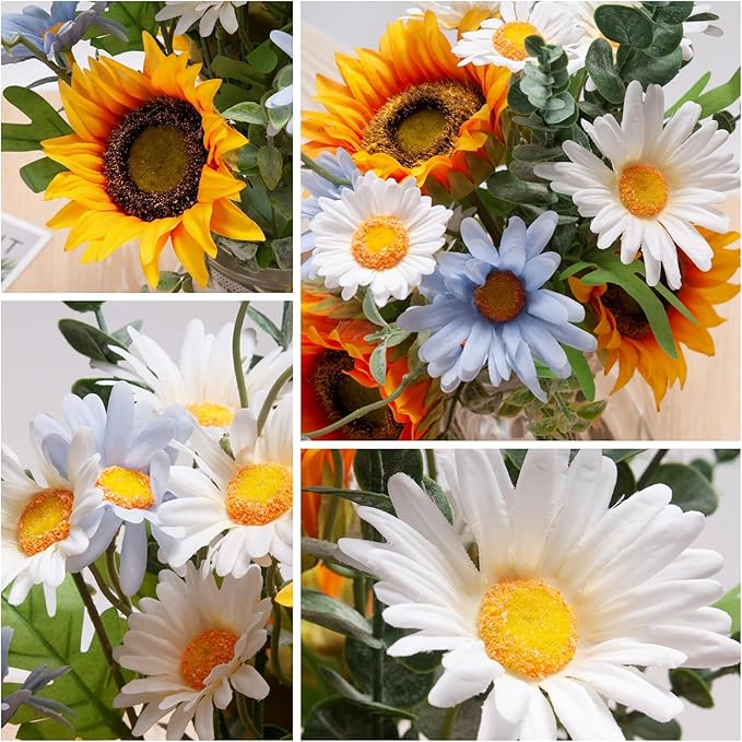 Faux Flowers with Vase, Artificial Silk Sunflower in Vase Centerpiece Coffee Table Decor, Fake Plant Daisy Flower Arrangement for Fall Decorations Indoor Home Office Living Room Farmhouse