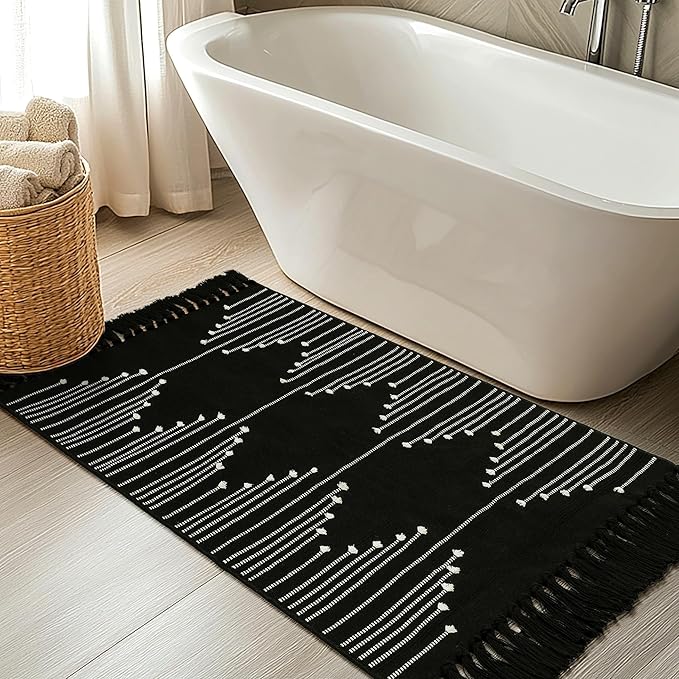 Tritard Boho Washable Area Rug 2x4.3 - Kitchen Bathroom Runner Rug with Tassels, Farmhouse Woven Cotton Entryway Throw Rugs Aztec Hallway Carpet Bath Mat for Bedroom, Laundry, Doorway, Black White