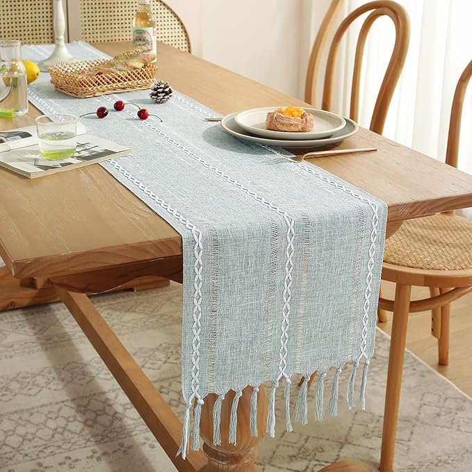 Chassic Rustic Farmhouse Style Linen Table Runner, Boho Handmade Tassel Hemstitched Table Runners 108 Inches Long for Holiday Party, Dresser and Dining Decorations, 13 x 108 inch - Light Grey