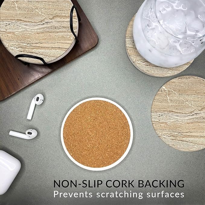 Emerson Coasters for Drinks Absorbent – Natural Stone Drink Coasters Set with Holder, Coasters for Coffee Table, Wooden Tabletop Protection Marble Style – 100% Heavy Duty Set of 6 (Sandstone)