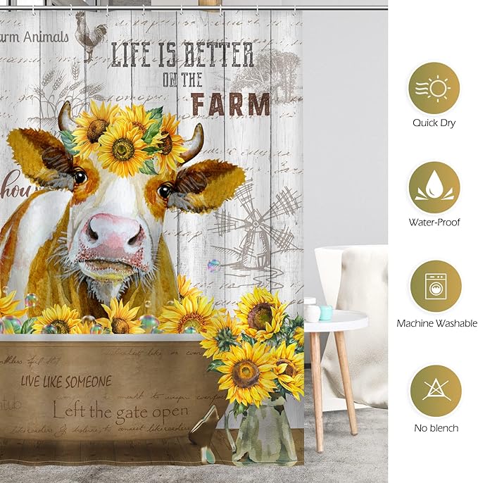 Aimego Long Farmhouse Shower Curtain - Country Funny Cute Cow Sunflower Wooden Rustic Fabric Cloth Bath Shower Curtain Set with 12 Hooks for Bathroom Decor Accessories Bathtub Curtain, 72"x78"