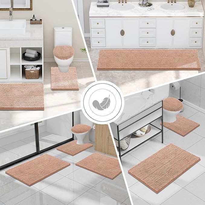 Smiry Luxury Chenille Bathroom Rugs 30x20, Extra Soft and Absorbent Shaggy Bath Mat, Machine Washable, Non-Slip Plush Carpet Runner for Tub, Shower, and Floor, Home Decor Accessories, Peach
