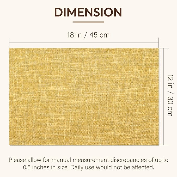 Placemats Set of 4, Dual-Layered Thickened Faux Linen Cloth Place Mats Heat Resistant Machine Washable Wrinkle Free Table Mats Indoor/Outdoor (Yellow)
