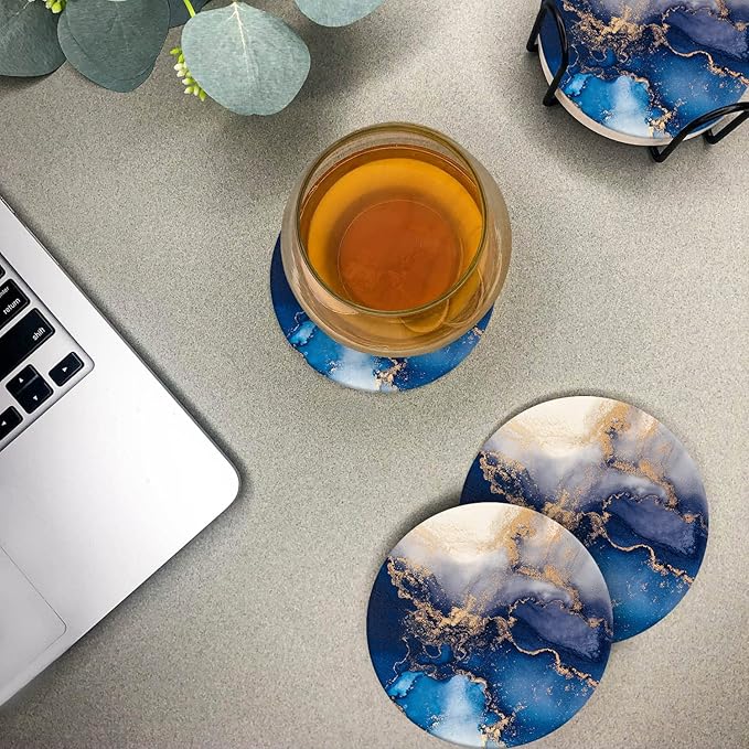 Emerson Coasters for Drinks Absorbent – Natural Stone Drink Coasters Set with Holder, Coasters for Coffee Table, Wooden Tabletop Protection Marble Style – 100% Heavy Duty Set of 6 (Blue Mist)