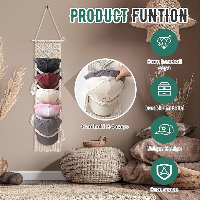 2 Pcs Baseball Cap Holder, Boho Macrame Hat Organizer for Wall, over the Door Hat Rack for Decoration and Display Handmade Hanger for Baseball Holder up to 20 Caps(White)