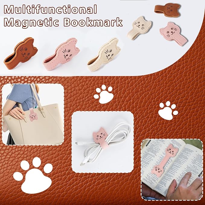 Zkptops Magnetic Leather Bookmarks Cute Cat Book Markers for Reading Women Men Strong Magnet Bookmark Clips Page Mark Unique Books Accessories Gifts for Book Lovers Teachers Students Reader (Pink)
