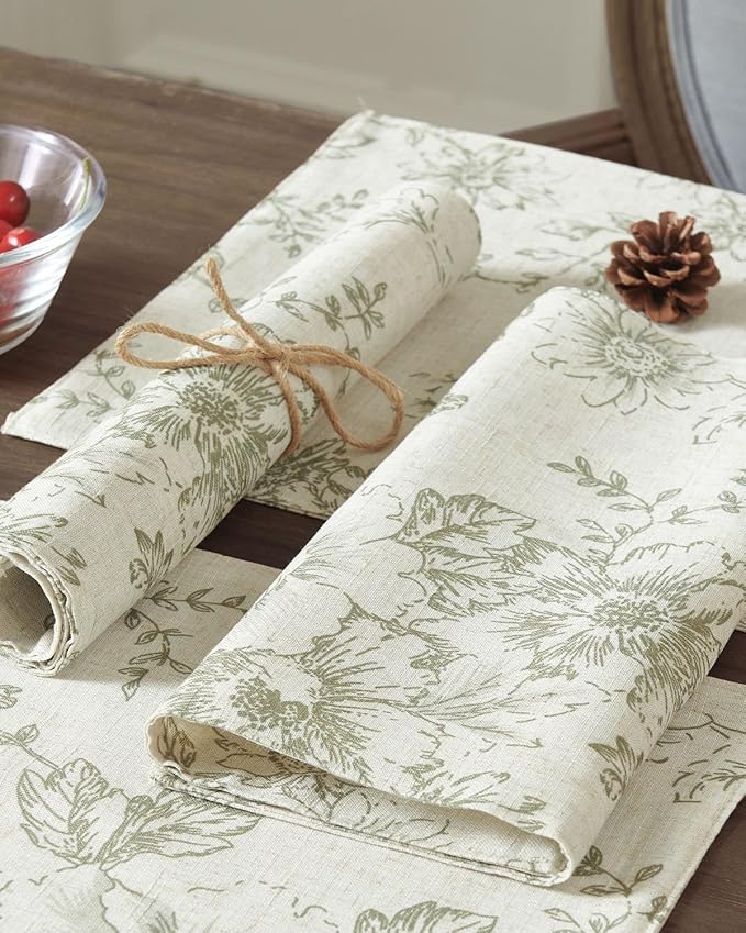 JINCHAN Floral Placemats Set of 4 Farmhouse Fall Autumn Linen Placemats Cloth Table Mats Holiday Seasonal Rustic for Kitchen Dining Table Decor Heat Resistant Washable Tablemats 13x19 Inch Green