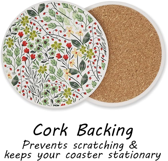 AD Set of 6 Coasters for Drinks Absorbing Round Ceramic Stone Coaster with Cork Base Tabletop Protection Mat for Mugs and Cups,Office,Kitchen (Bontanicals with Holder)
