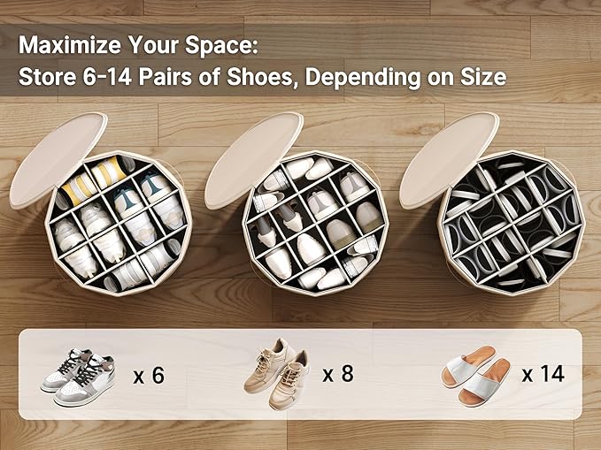 Vailando Shoe Organizer for Closet - Cylindrical Shoe Storage Organizer with Removable Dividers, Rectangular Compartment, Foldable, Beige, 1-Pack