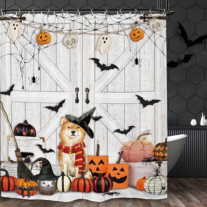 Halloween Dog Pumpkin Shower Curtain 60Wx72L Inch Barn Door Horror Scary Spooky Wood Farmhouse Rustic Bat Bathroom Set Accessories Decor with 12 Pack Hooks
