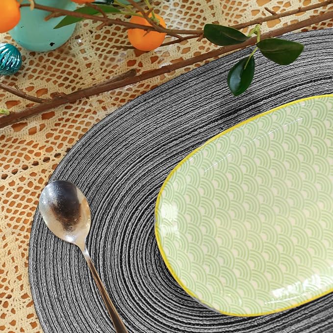 Noctiflorous Oval Braided Placemats Set of 4 Woven 12x18 Inch Non Slip Washable Heat Resistant Place Mats Tablemats for Dining Kitchen Party Daily Table Decor Dinner Mats (Black Gray, 4)