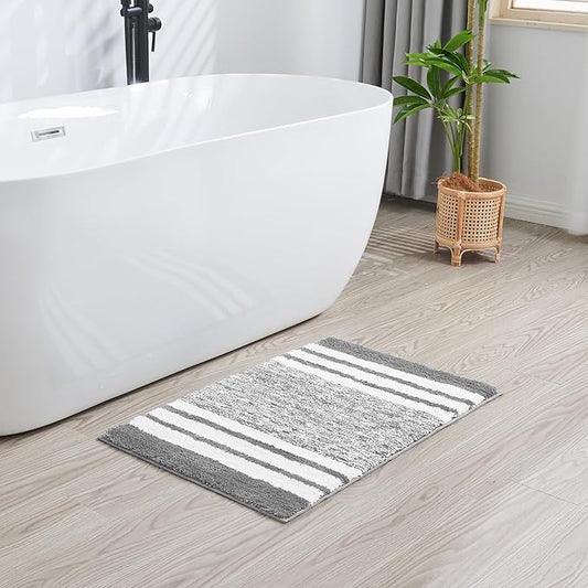 CozeCube Grey Striped Bath mats for Bathroom Non Slip, Fluffy Absorbent Microfiber Bath mat Washable, Aesthetic Bathroom Rugs, Cute Bath mat for Sink, 20" x 32"