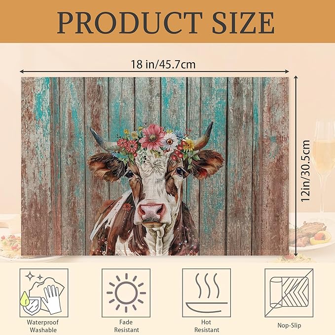 Highland Cow Retro Placemats Set of 6 Washable Table Mats for Kitchen Dining Table,Heat-Resistant Place Mats for Indoor Outdoor Party Holiday Decoration