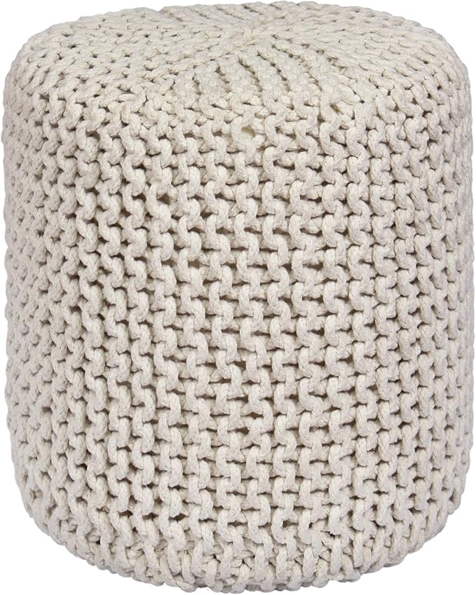 COTTON CRAFT Braided Round Pouf - Hand Knitted Cotton Cord Cable Dori Cylindrical Ottoman - Foot Stool - Floor Pouf - Footrest - Accent Seat - Living Room Bedroom Dorm Décor - 15 Round x 16 H - Ivory