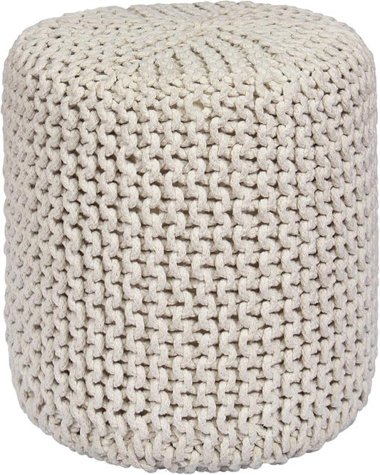COTTON CRAFT Braided Round Pouf - Hand Knitted Cotton Cord Cable Dori Cylindrical Ottoman - Foot Stool - Floor Pouf - Footrest - Accent Seat - Living Room Bedroom Dorm Décor - 15 Round x 16 H - Ivory