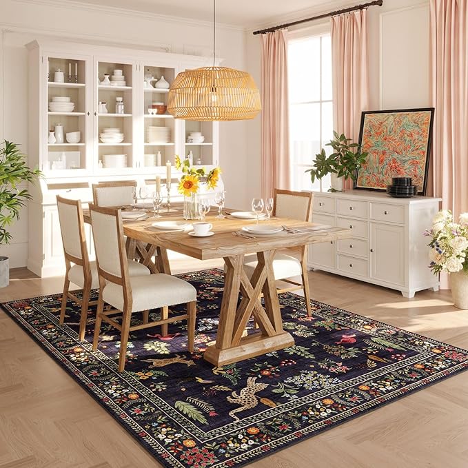Living Room Rug 5x7 Rug Machine Washable Boho Area Rug Non Slip Floral Animal Vintage Low Pile Large Rugs for Living Room, Bedroom, Farmhouse, Dining Room, Kids Playroom (Blue)