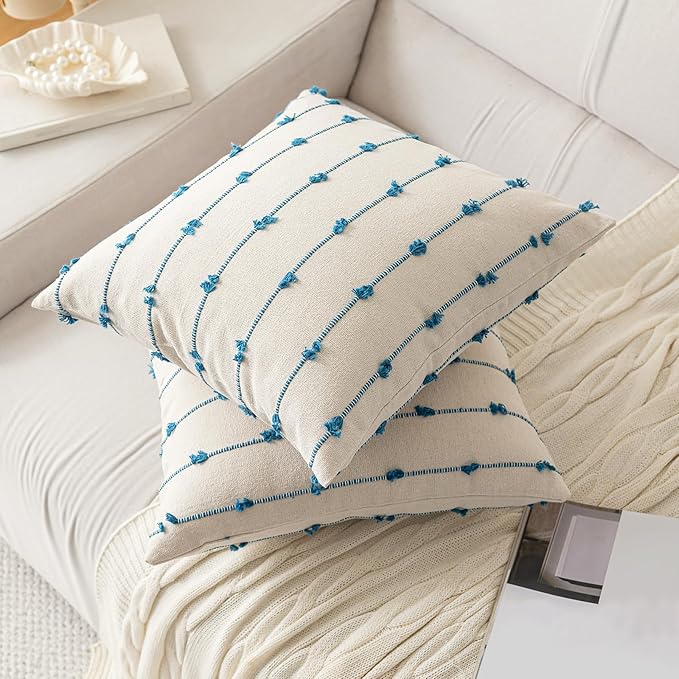 Boho Throw Pillow Covers 18x18 Set of 2 Modern Farmhouse Decorative Cushion Case Tufted Linen Square Pillows Cover Neutral Pillow Cases Accent Pillowcase for Sofa,Couch,Bed,Beige and Blue