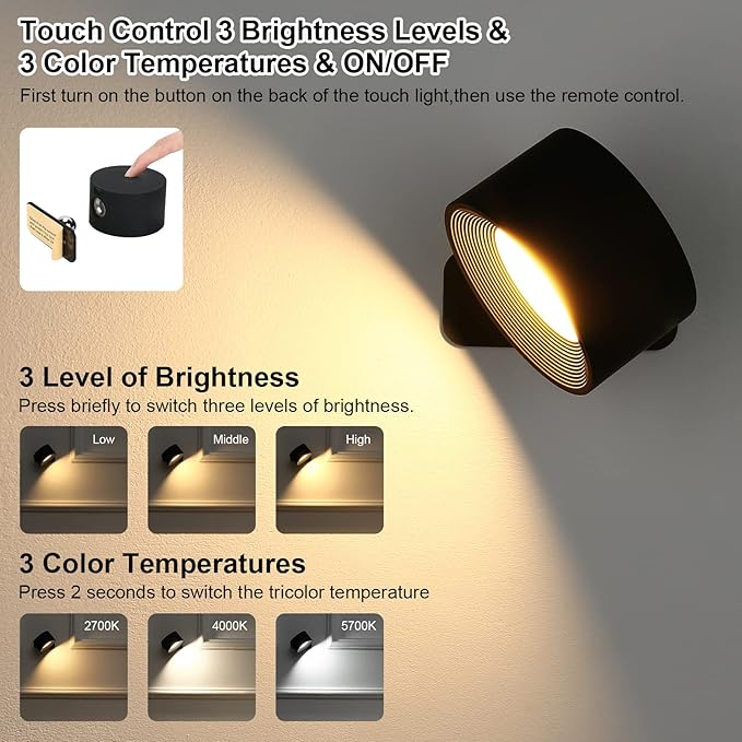 Lightess 2PC LED Wall Sconces, 19 Colors Dimmable Wall Mounted Lamp with Rechargeable Battery Operated USB, 360°Rotate Magnetic Ball, Touch & Remote Control, Cordless Wall Light for Reading Bedside