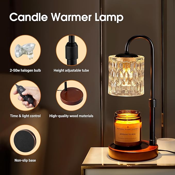 Briever Dimmable Candle Warmer Lamp with Timer, Height Adjustable Electric Candle Wax Warmer for Jar Candles, Top-Down Light Heat Melting Wax with 2 Bulbs, Walnut Solid Wood Base for Home Decor Gifts