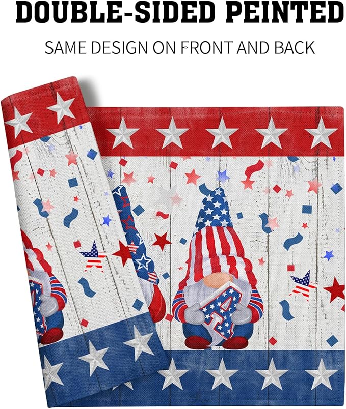 Giwawa Patriotic Gnomes Placemats 12x18inch 4th of July USA Elf American Stars Place Mat Set of 4 for Kitchen Dining Independence Day Heat Resistant Table Mats for Tabletop Holiday Decor