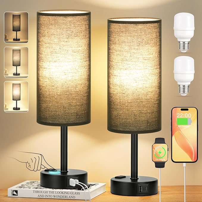 Black Touch Table Lamps Set - 3 Way Dimmable Bedroom Bedside Lamps Set of 2 with USB C and A Ports,Small Lamps for Nightstand with AC Outlet,Round Flaxen Shade for Desk,Office,Dorm,Nursery