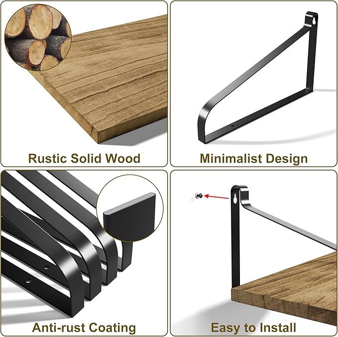 Love-KANKEI Floating Shelves Wall Mount Rustic Wood Wall Shelves with Large Storage L16.5 x W12 inch for Kitchen Living Room Bathroom Bedroom Set of 2 Carbonized Black