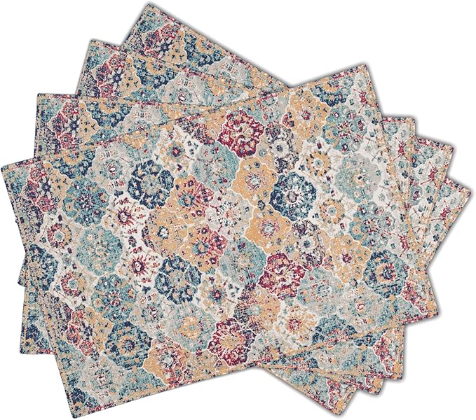 Ethnic Boho Placemats Set of 4 Bohemian Carpet Vintage Rust Coral Floral Carpet Linen Washable Kitchen Dining Table Mats Stain Heat-Resistant Desktop Decor Place Mats for Home Party Indoor 12x18 in