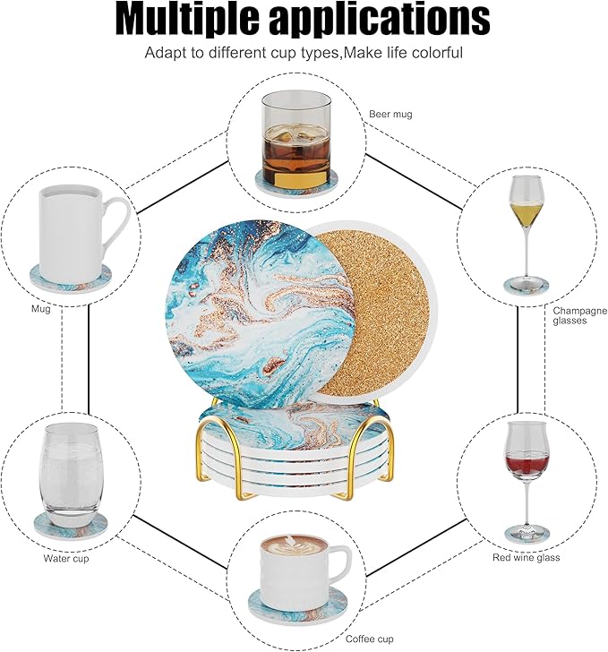 Coasters for Drinks Set of 4, Absorbent Ocean Style Marble with Metal Golden Holder, Ceramic Coaster Set Cup Mat for Home Decor, Bar, Kitchen, Party