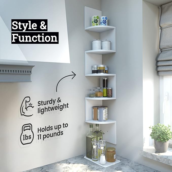 Greenco Corner Shelf, 5 Tier Shelves for Wall Storage, Easy-to-Assemble Floating Wall Mount Shelves for Offices, Bedrooms, Bathrooms, Kitchens, Living Rooms and Dorm Rooms, Espresso Finish