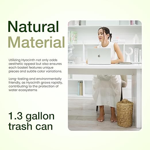 1.3 Gallons Wicker Waste Basket - Water Hyacinth Bathroom Garbage Can - Trash Can with Lid Boho Style - Wicker Trash Can with Lid for Household, Kitchen, Bedroom - Removable Liner, Iron Frame