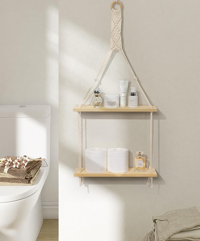Afuly Macrame Wall Hanging Shelf Boho Floating Shelves Cotton Rope Rustic Home Decor 2 Tiers Plant Hanger Photo Display Tissue Towel Storage Organizer for Living Room Bedroom Bathroom Hallway, Beige