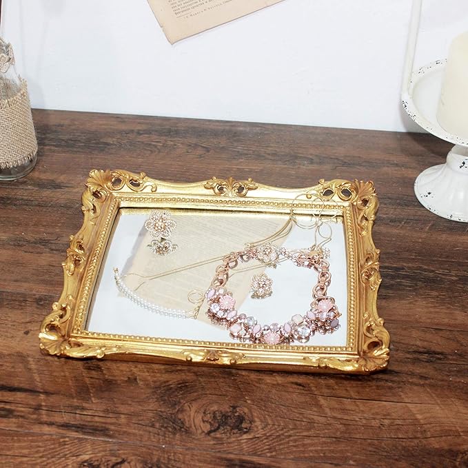 Funerom Vintage 11 x 9.5 inch Decorative Mirror, Wall Mounted & Tabletop Makeup Mirror ,Square Antique Gold