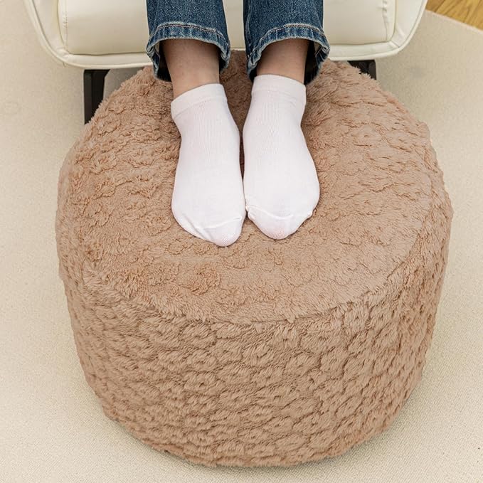 Round Plush Stuffed Ottoman Pouf - Ultra-Soft Furry Ottoman Foot Rest with High-Density Foam Filling, 20" x 14" Multi-Functional Floor Pouf for Living Room