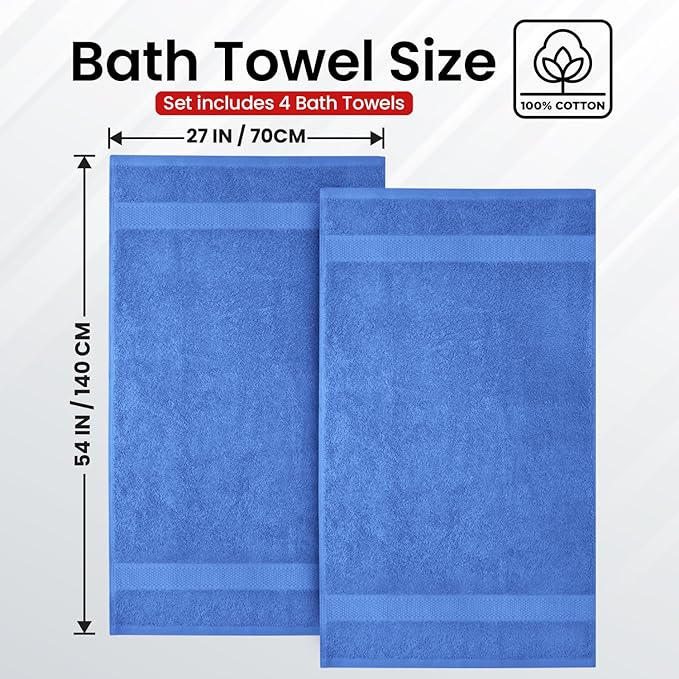 Infinitee Xclusives Luxury 100% Ring-Spun Cotton Bath Towels Set of 4 (27x54 inches) – Soft, Absorbent & Quick-Drying Towels for Bathroom, Gym, Spa & Hotel Use (Eloquent Blue)