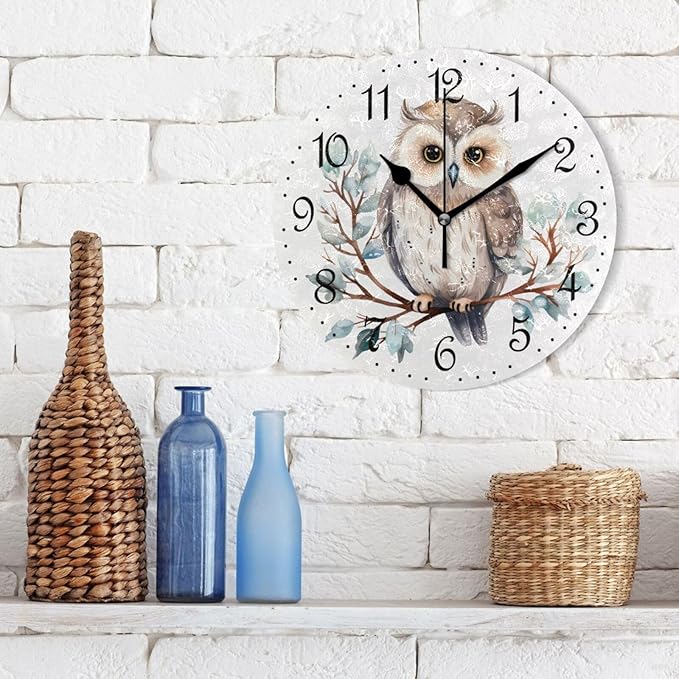 ALAZA Wall Clock Winter Owl on Branch Silent Non-Ticking Decorative Wall Clocks Battery Operated 10 Inch for Home Living Room Kitchen Bathroom Bedroom