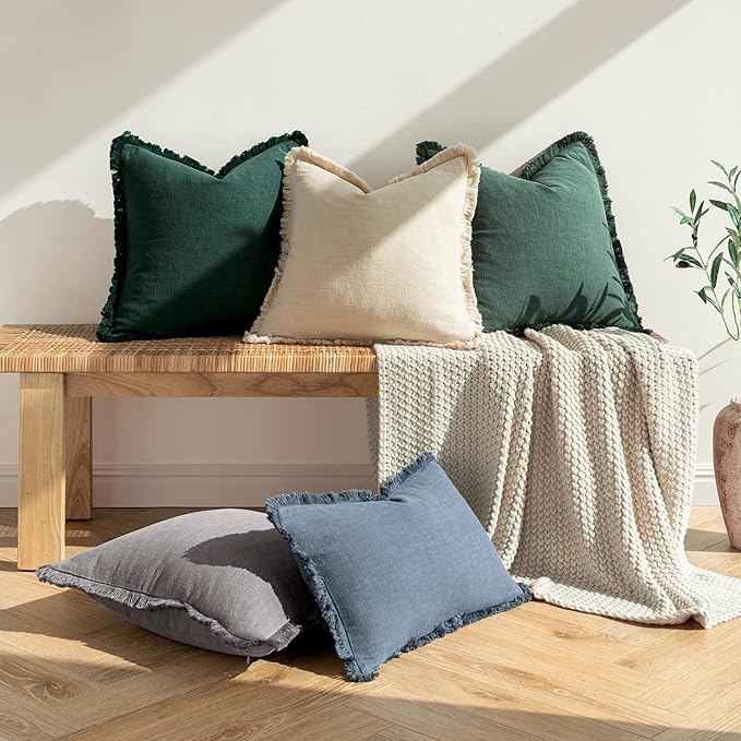 MIULEE Decorative Throw Pillow Covers Neutral Linen Fringe Throw Pillows Set of 2 Navy Blue Boho Farmhouse Cushion Covers with Tassels for Couch Sofa Bed Living Room Spring Home Decor 20x20 Inch